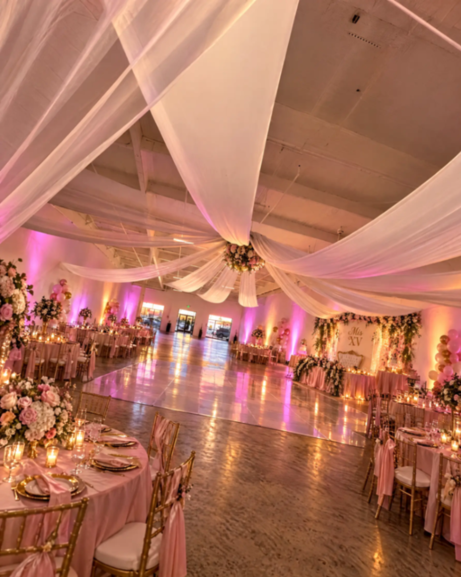 Quince Venue ballroom dressed for a Quinceañera celebration