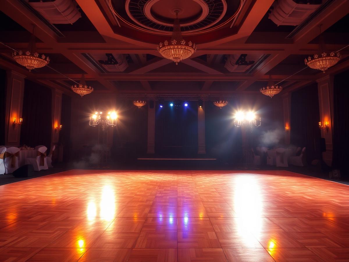 Open dance floor lit with warm golden lighting