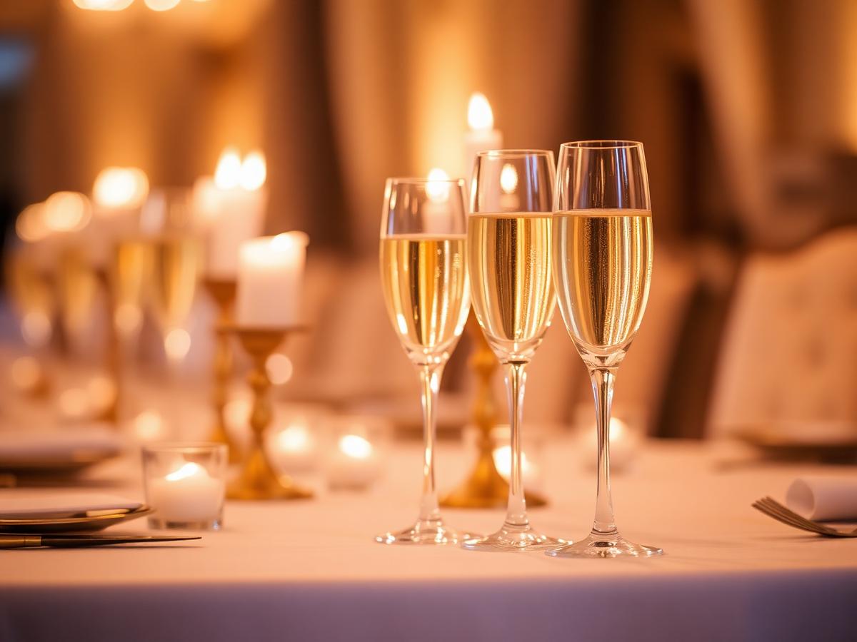Candlelit table details with champagne glasses