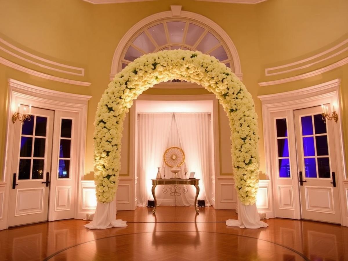 Venue entrance with an ivory floral arch