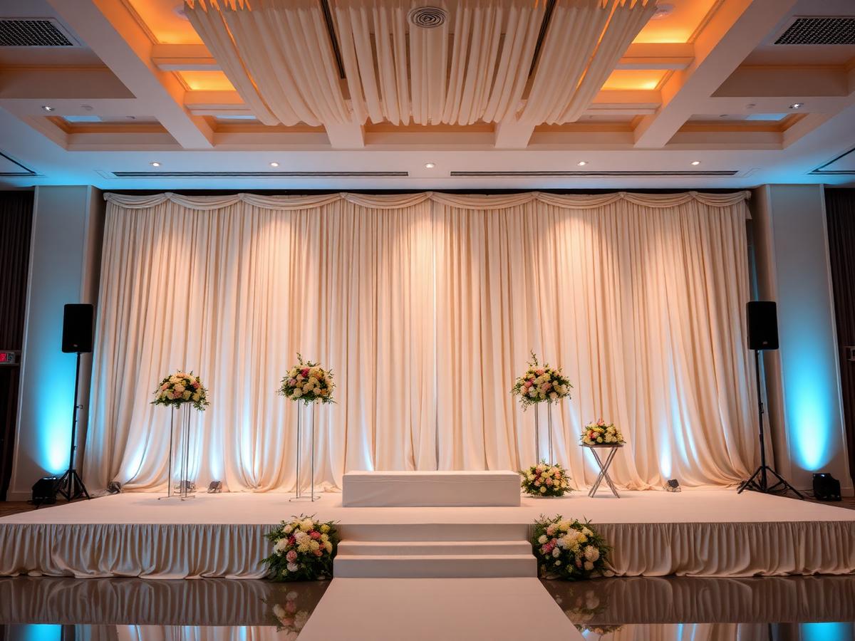 Draped stage backdrop with floral arrangements
