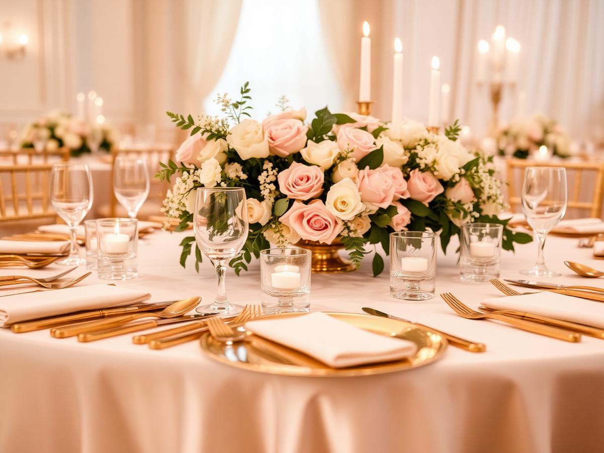 Table setting with ivory linens, gold flatware and blush florals